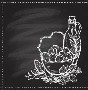 Zeytinli ve bir şişe zeytinyağlı natürmortlu bir hayat, yazı tahtasına elle çizilmiş grafik vektör çizimi