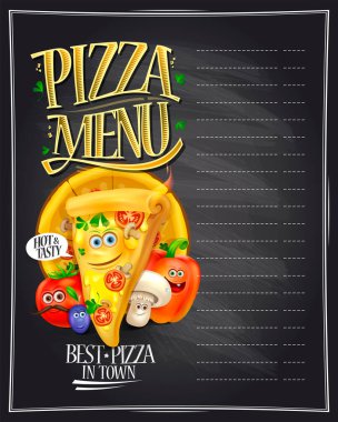 Çizgi film karakterleriyle dolu bir tahtada pizza menüsü - canlı pizza dilimi ve sebzeler, mesaj için boş alan