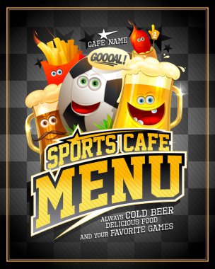 Sports cafe menu cover design with football ball and funny food personages - beer mugs, french fries and hot dog, vector illustration