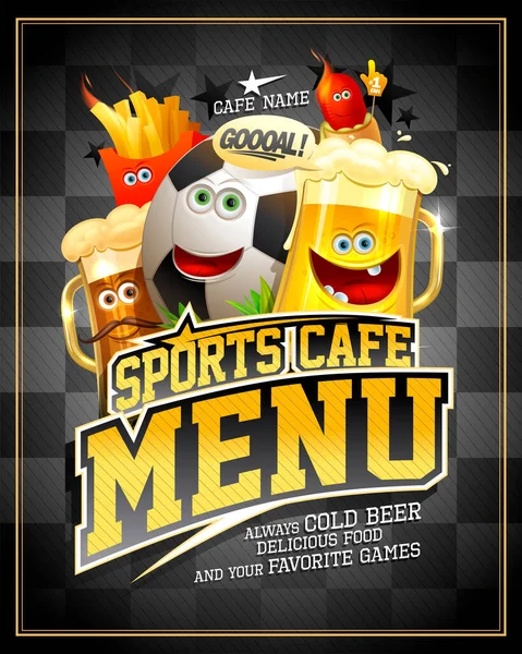 Sports Cafe Menu Cover Design Football Ball Funny Food Personages — ストックベクタ