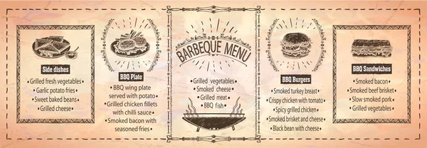 Modèle Carte Menu Barbecue Steaks Hamburgers Sandwichs Plats Accompagnement Etc — Image vectorielle
