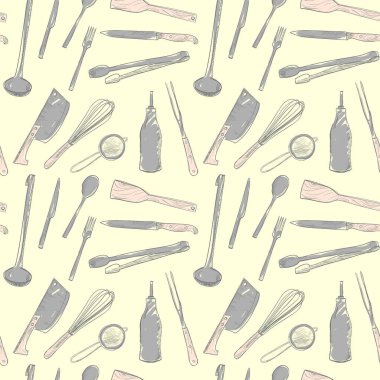 Mutfak aletleri grafiksiz desen, el çizimi mutfak gereçleri