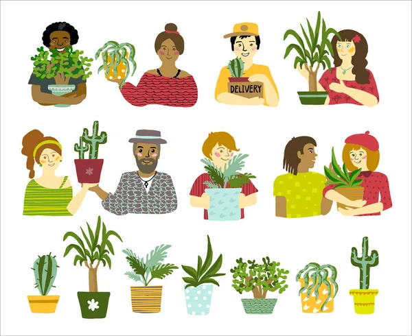 Group Joyful Multiethnic People Houseplants Flat Vector Illustration Set Isolated — Stock Vector