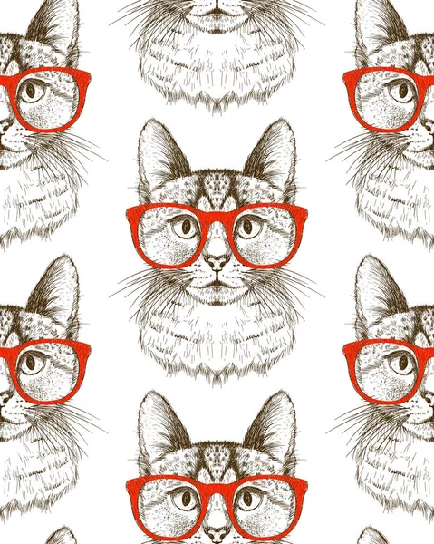 带嬉皮士猫和红色眼镜的无缝图形图案 手绘矢量图解 — 图库矢量图片