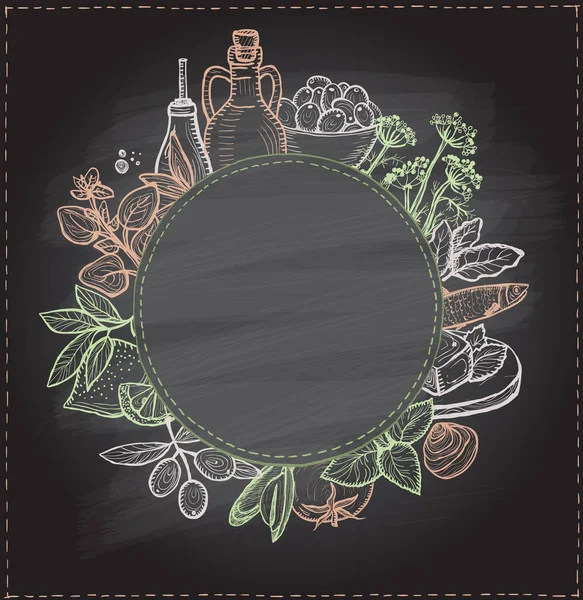 平面的食物框架与传统食物配料 橄榄油 香草和海鲜的黑板相对比 圆形空格 用于文字 矢量说明 — 图库矢量图片