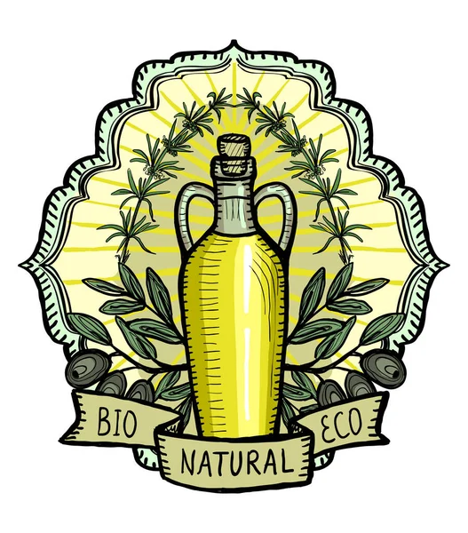 Logotipo Aceite Oliva Ilustración Emblema Vectorial Dibujado Mano Con Botella — Vector de stock