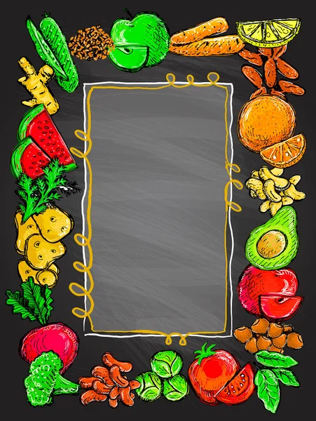 Verduras Frutas Saludables Enmarcan Una Pizarra Ilustración Vectorial — Archivo Imágenes Vectoriales