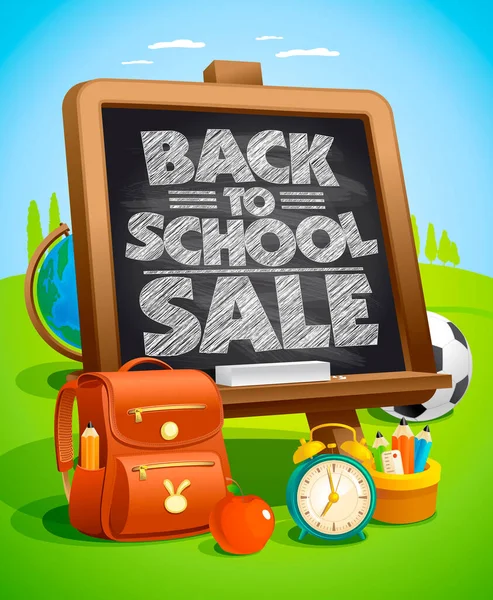 Back School Sale Vector Poster Concept Chalkboard School Tools Green — Stock Vector