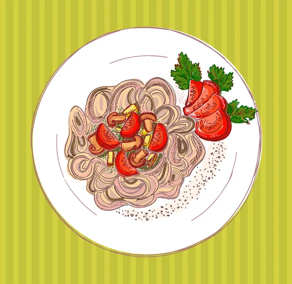 Wegetariański Makaron Pomidorami Grzybami Wektor Ręcznie Rysowany Szkic Graficzny Ilustracja — Wektor stockowy