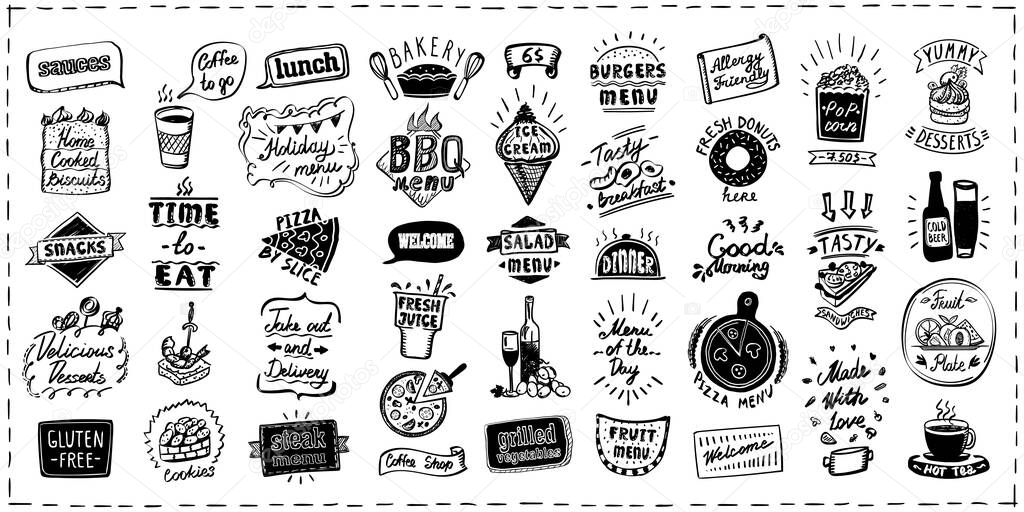 Graphic menu lettering set with symbols, signs and elements, vector hand drawn graphic design collection with fast food, pastries and drinks, alcohol, welcome and quote signs, etc.