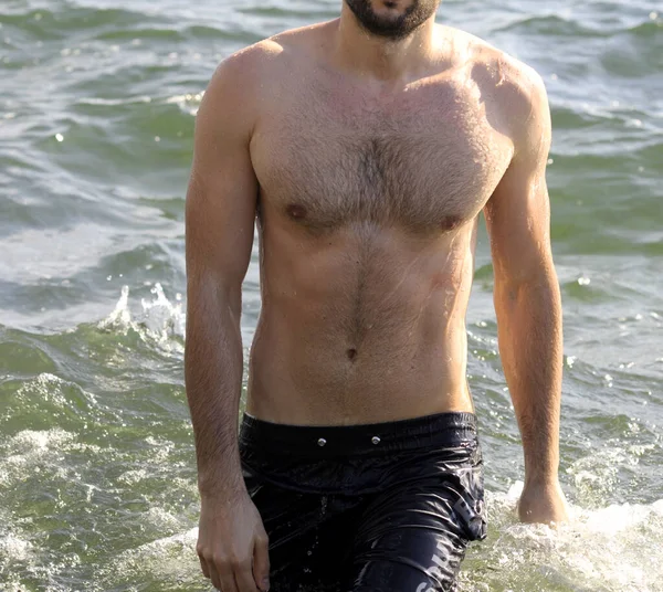 Young Man Topless Body Sea Water Face — Stock Photo, Image