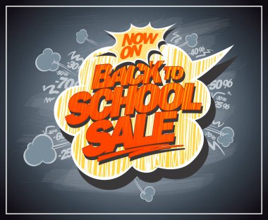 Okul satışı için karatahta pano pankartı, konuşma balonu ve puff ile komik tarzı