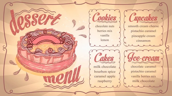 Plantilla Menú Postres Para Cupcakes Pasteles Helados Galletas Ilustración Gráfica — Archivo Imágenes Vectoriales