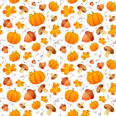 Yapraklar, meşe palamutları ve balkabaklarıyla sonbahar biçimi kusursuz vektör deseni