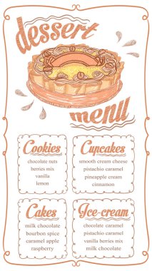 Kekler, kekler, dondurmalar ve kurabiyeler için tatlı şablonu ve kek taslağı. El çizimi vektör çizimi