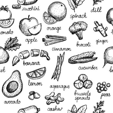 Sebzeli, fındıklı ve yeşillikli siyah beyaz desen. Harfli vektör grafik çizimi kusursuz arkaplan