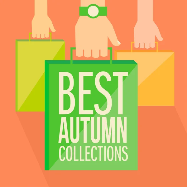 Best Autumn Collections Flat Style Banner Design Hands Paper Shopping — Stock Vector