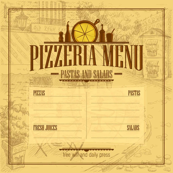 Pizzeria菜单列表向量模型 文本复制空间 复古风格 — 图库矢量图片