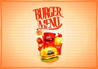 Çizgi film karakteri olarak hamburger, hamburger, patates kızartması ve soda ile fast food tasarım konsepti.