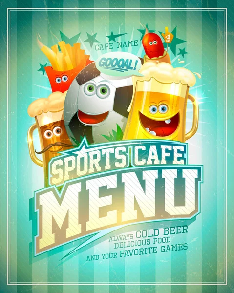 Sport Cafe Menu Cover Design Football Ball Funny Food Personages — Wektor stockowy