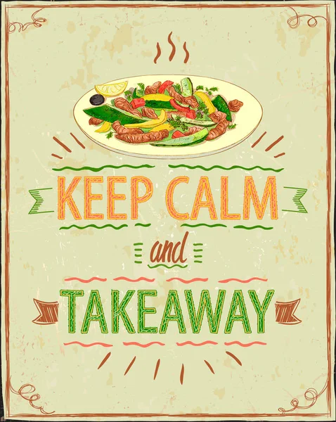 Mantenha Calma Takeaway Cartão Motivacional Com Takeout Salada Quente Ilustração — Vetor de Stock