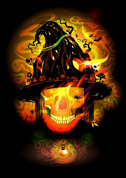 Feliz Tarjeta Halloween Póster Con Cráneo Bruja Mística Ardiendo Fuego — Vector de stock
