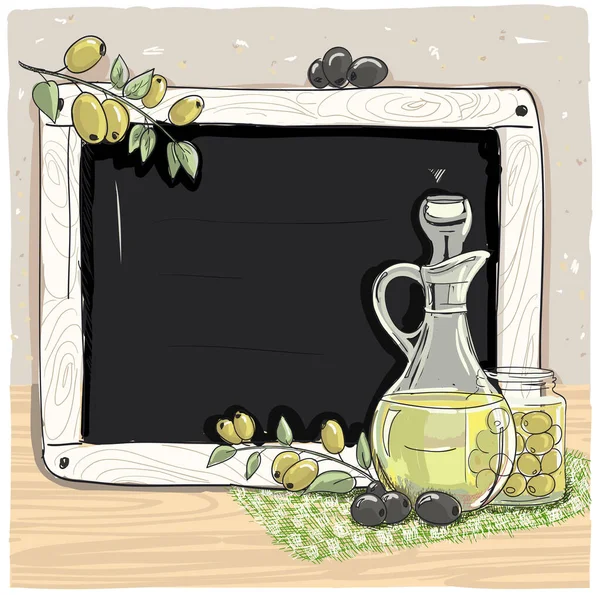Εικονογράφηση Μπουκάλι Λάδι Ελιάς Φρέσκες Ελιές Και Μαυροπίνακα Κιμωλίας Εικονογράφηση — Διανυσματικό Αρχείο