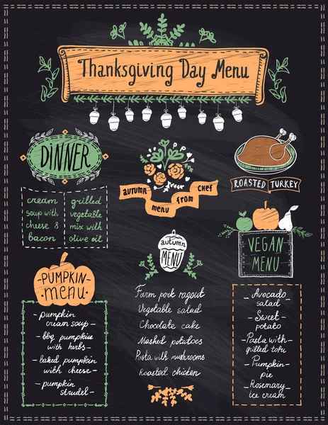 Happy Thanksgiving Day Holiday Menu Chalkboard Večeře Dýně Vegan Menu — Stockový vektor