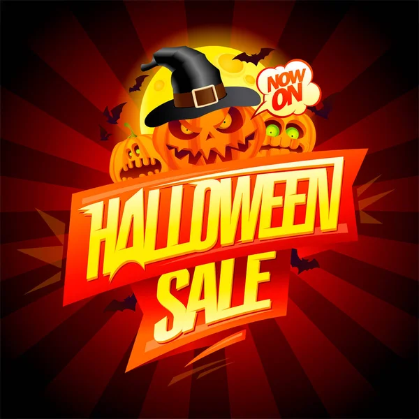 Projeto Cartaz Vetor Venda Halloween Feliz Com Abóboras Assustadoras Lua —  Vetores de Stock