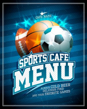 Futbol, basketbol, rugby topları, altın harfler ve parlak yıldız unsurlarıyla spor kafe menü kapağı tasarımı
