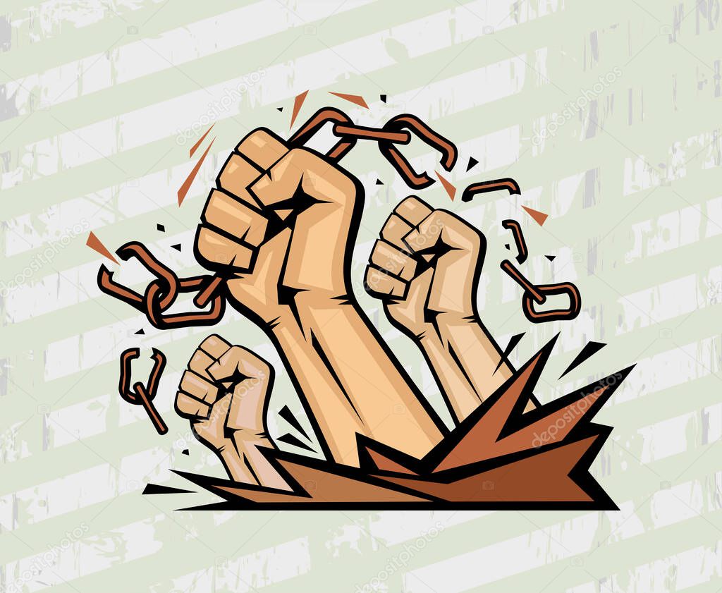 Fists tearing chains vector poster, vector illustration