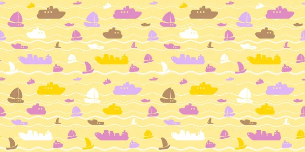 ボート ヨットや海の波とマリーナスタイルのシームレスベクトルパターン — ストックベクタ
