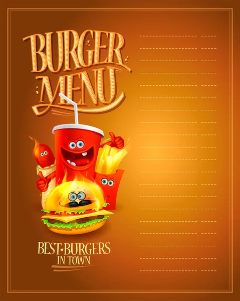 Lista Menu Hamburgerów Pustym Miejscem Tekst Fast Food Personages Hot — Wektor stockowy