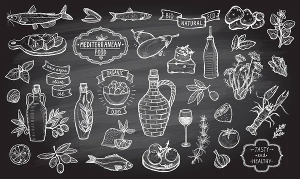 Colección Comida Tradicional Mediterránea Sobre Fondo Pizarra Ingredientes Alimentarios Europeos — Vector de stock