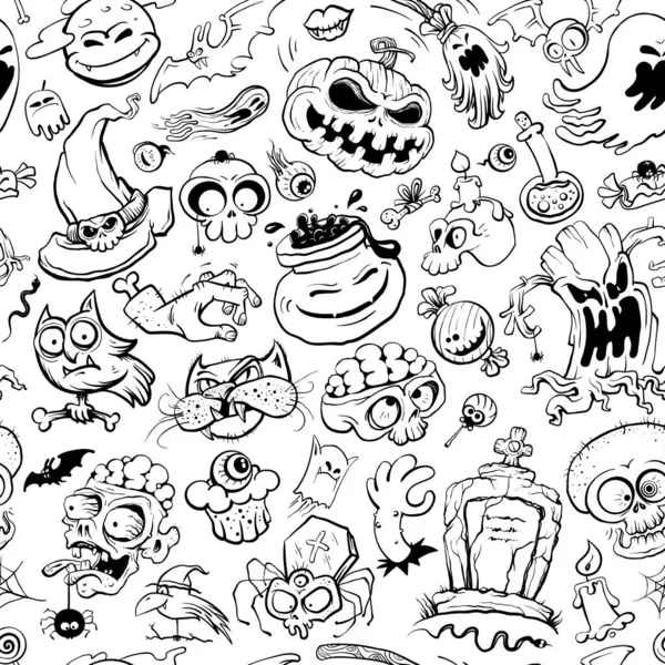 Halloween Seamless Pattern Black White Hand Drawn Vector Line Graphic — Stock Vector