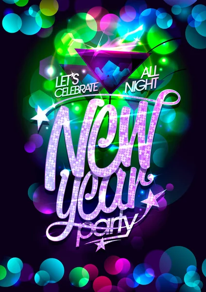 New Year Party Poster Design Martini Glasses Multicolor Bokeh Lights — 스톡 벡터