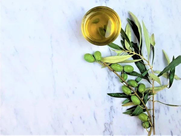 zeytin yağı ile mermer zemin üzerine yeşil zeytin dalı 