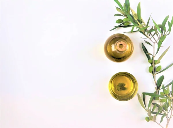 zeytin yağı ile beyaz zemin üzerine yeşil zeytin dalı 