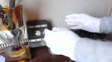 Nadir fotoğraf albümü beyaz eldiven giyen kişi tarafından tutuluyor. Özel Müze, İtalya, Sicilya