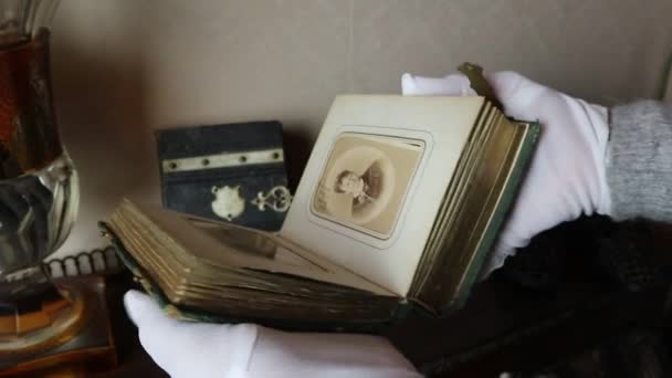Rare Photo Album Being Held Person Wearing White Gloves Private — Stock Video