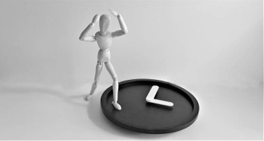 beyaz arka plan üzerinde saat ile ahşap adam rakam