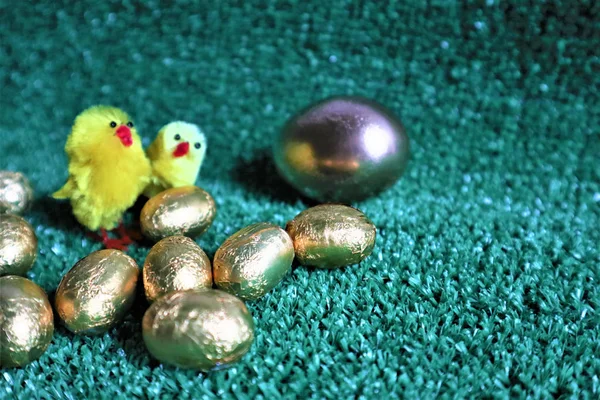 Золотые яйца на зеленой искусственной территории — стоковое фото