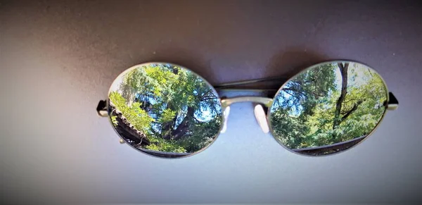 Óculos Sol Espelhados Com Árvores Verdes Reflexão — Fotografia de Stock
