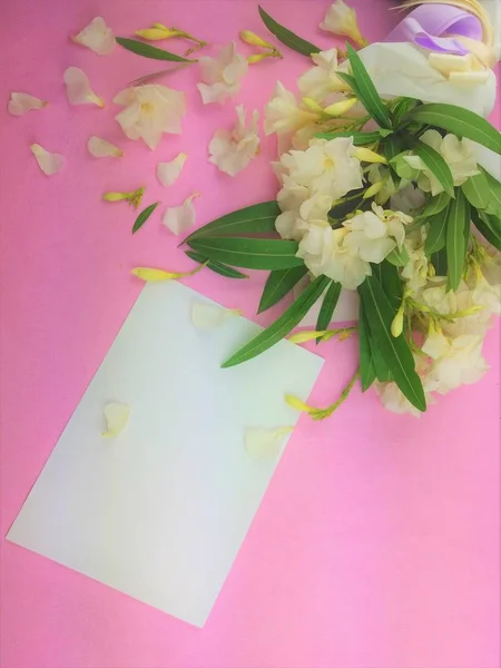 Bukett av vita blommor på rosa bakgrund. — Stockfoto