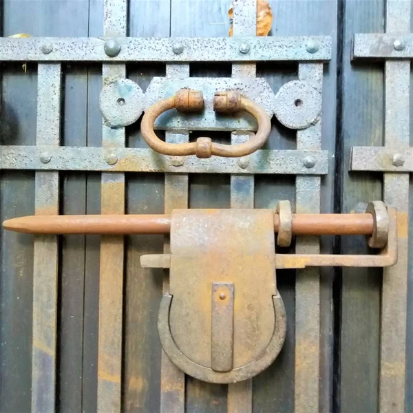 Antyczny Zamek Drewnianej Kute Drzwi — Zdjęcie stockowe