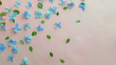 bej arka plan üzerinde küçük mavi çiçekler ve yeşil yaprakları ile desen arka plan