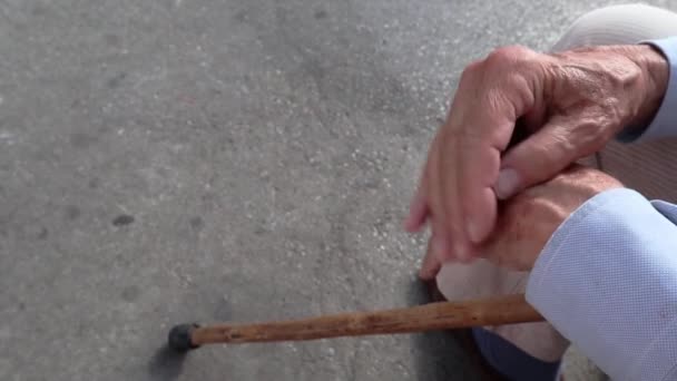 Close Senior Man Hands Cane — Stock Video
