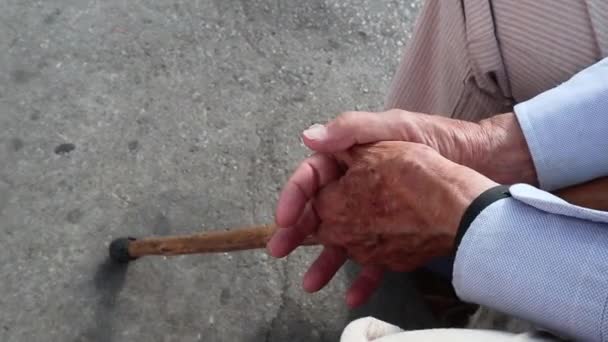 Κοντά Στα Χέρια Του Ανώτερου Άντρα Ένα Μπαστούνι — Αρχείο Βίντεο