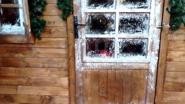 Christmas Composition Christmas Fireplace Seen Icy Windows Wooden House — Stock Video