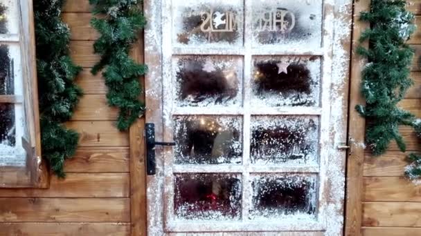 Christmas Composition Christmas Fireplace Seen Icy Windows Wooden House — Stock Video